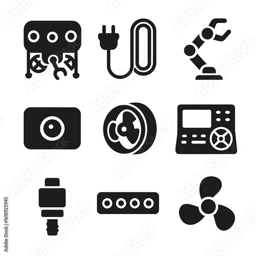 Underwater Robotics Icons. Solid, filled icons set of underwater robotics: ROV (remotely operated vehicle),