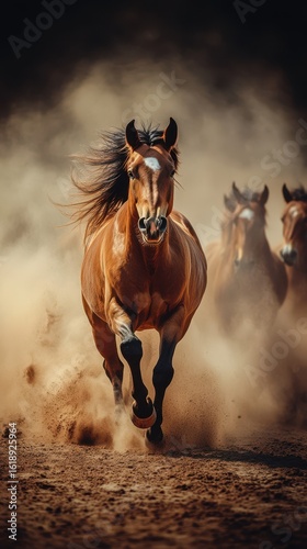 Horses galloping through dust on an open field during sunset