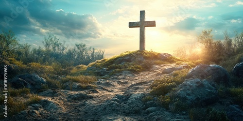 Sunrise illuminates a cross on a hill surrounded by lush grass and rocky terrain in a tranquil landscape