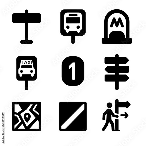 Urban Navigation Icons. Solid, filled icons set of urban navigation signage: street name sign, bus stop sign,