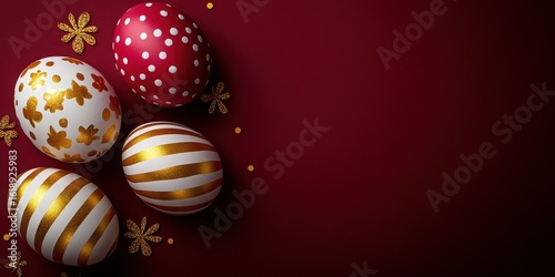 Decorated Easter eggs with floral and striped patterns on a rich red background