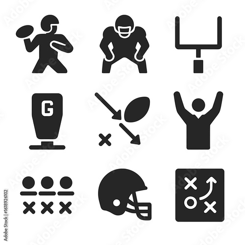 Football Strategy Icons. Solid, filled icons set of offense vs defense in football: quarterback icon,
