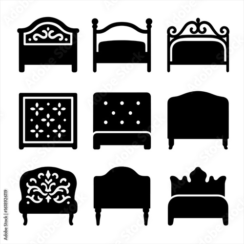Vintage Headboard Icons. Solid, filled icons set of classic and vintage headboard designs: carved wood detail,