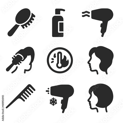 Voluminous Blow Dry Icons. Solid, filled icons set of voluminous blow dry technique: root lift brush,