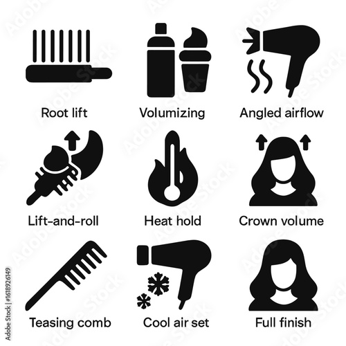 Voluminous Hair Icons. Solid, filled icons set of voluminous blow dry technique: root lift brush, volumizing