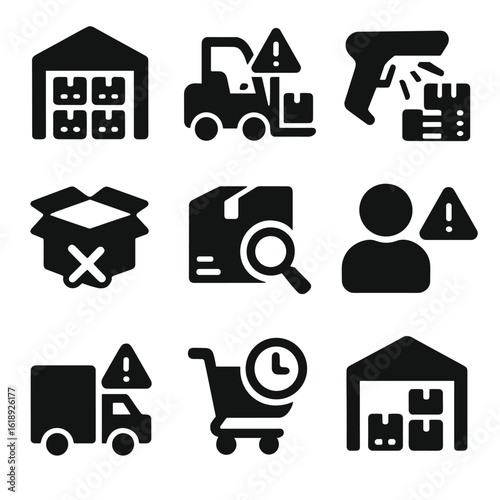 Warehouse Bottleneck Icons. Solid, filled icons set of warehouse and fulfillment bottlenecks: full warehouse