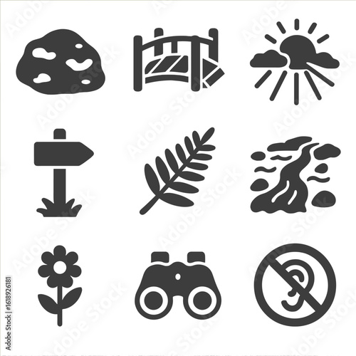 Forest Exploration Icons. Solid, filled icons set of peaceful forest exploration: moss-covered rock, wooden