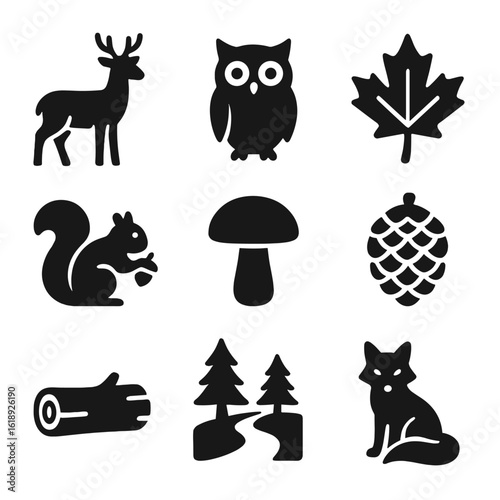 Forest Icons Grid. Solid, filled icon set of temperate forest life: deer, owl, maple leaf, squirrel, mushroom, pinecone, fallen