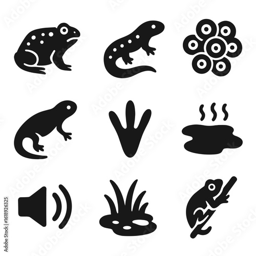 Wetland Amphibian Icons. Solid, filled icons set of amphibians in wetland zones: toad with warts, salamander