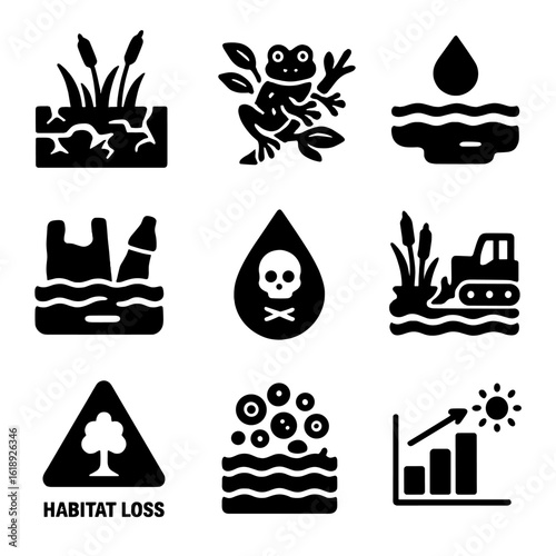 Wetland Threats Icons. Solid, filled icons set of environmental threats to wetlands: drained marsh icon,