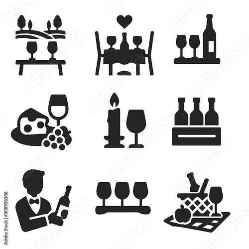 Wine and Glass Icons. Solid, filled icons set of wine and glass pairing settings: vineyard table, romantic