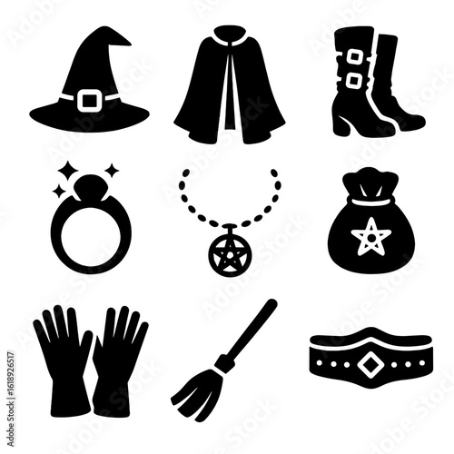Witch's Attire Icons. Solid, filled icons set of witch’s attire and accessories: pointed hat, flowing cloak,