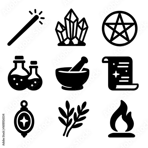 Witchcraft Tools Icons. Solid, filled icons set of witchcraft tools: wand, crystal cluster, pentagram, spell