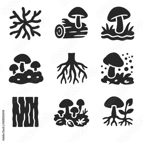 Fungi Ecosystem Icons. Solid, filled icons set of fungi ecosystems: mycelium network, decaying log, damp soil,