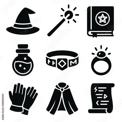 Wizard Gear Icons. Solid, filled icons set of spellcasting wizard gear: pointed hat, glowing wand, ancient
