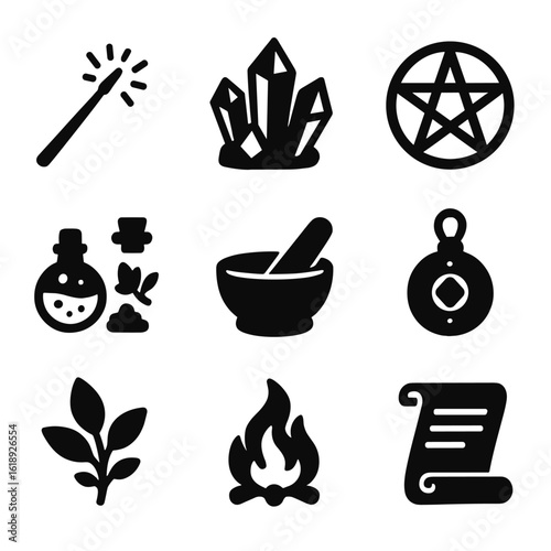 Witchcraft Tools Icons. Solid, filled icons set of witchcraft tools: wand, crystal cluster, pentagram, spell