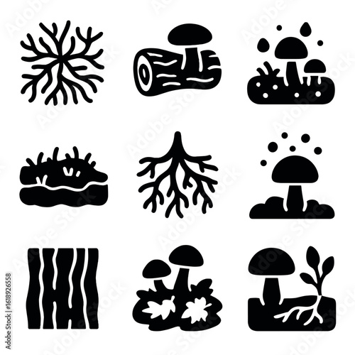 Fungi Ecosystem Icons. Solid, filled icons set of fungi ecosystems: mycelium network, decaying log, damp soil,
