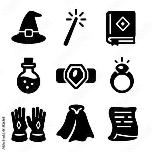 Wizard Gear Icons. Solid, filled icons set of spellcasting wizard gear: pointed hat, glowing wand, ancient