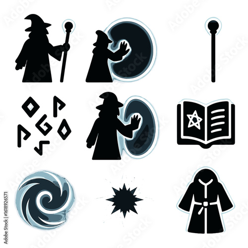 Wizard Magic Icon Set. Solid, filled icons set of a powerful wizard creating a glowing barrier of magic: