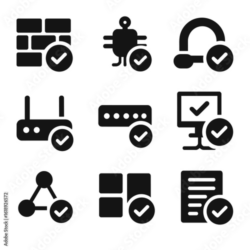 Network Security Icons. Solid, Filled icon set of network security checks: firewall rule, IDS sensor, VPN tunnel, secure router,