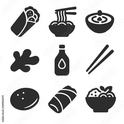Fusion Cuisine Icons. Solid, filled icons set of Mediterranean-Asian fusion: falafel wrap, rice noodles,