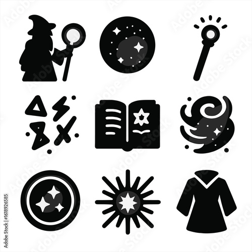 Wizard Magic Icon Set. Solid, filled icons set of a powerful wizard creating a glowing barrier of magic: