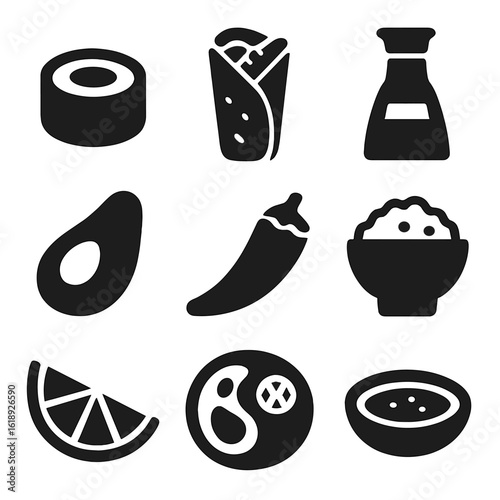 Fusion Food Icons. Solid, filled icons set of Asian-Latin fusion: sushi roll, tortilla wrap, soy sauce bottle,