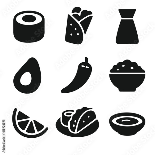 Fusion Food Icons. Solid, filled icons set of Asian-Latin fusion: sushi roll, tortilla wrap, soy sauce bottle,