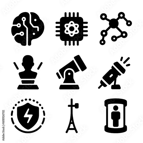 Futuristic Science Icons. Solid, filled icon set of futuristic science and technology: AI brain, quantum computer chip, nanobots,