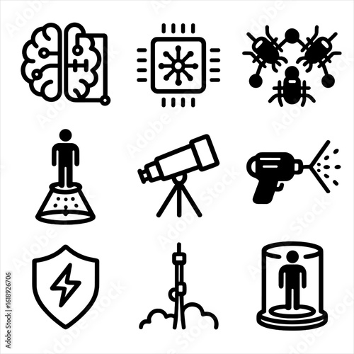Futuristic Science Icons. Solid, filled icon set of futuristic science and technology: AI brain, quantum computer chip, nanobots,