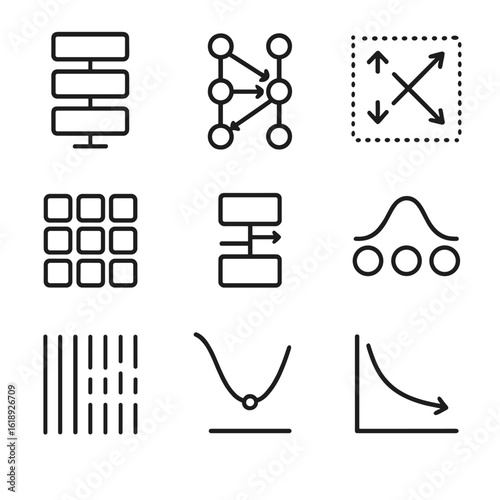 Neural Translation Icon Grid. Outline icon set of neural machine translation components: encoder, decoder, attention mechanism,