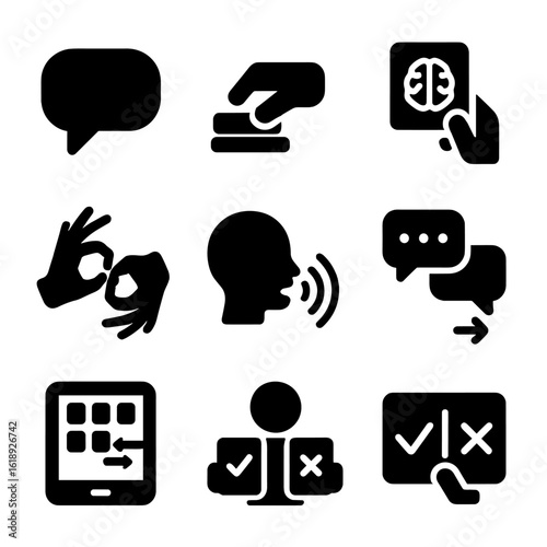 Neurodivergent Icons Grid. Solid, filled icon set of moments and fragments: stopwatch, clock tick, flash bulb, falling leaf, photo