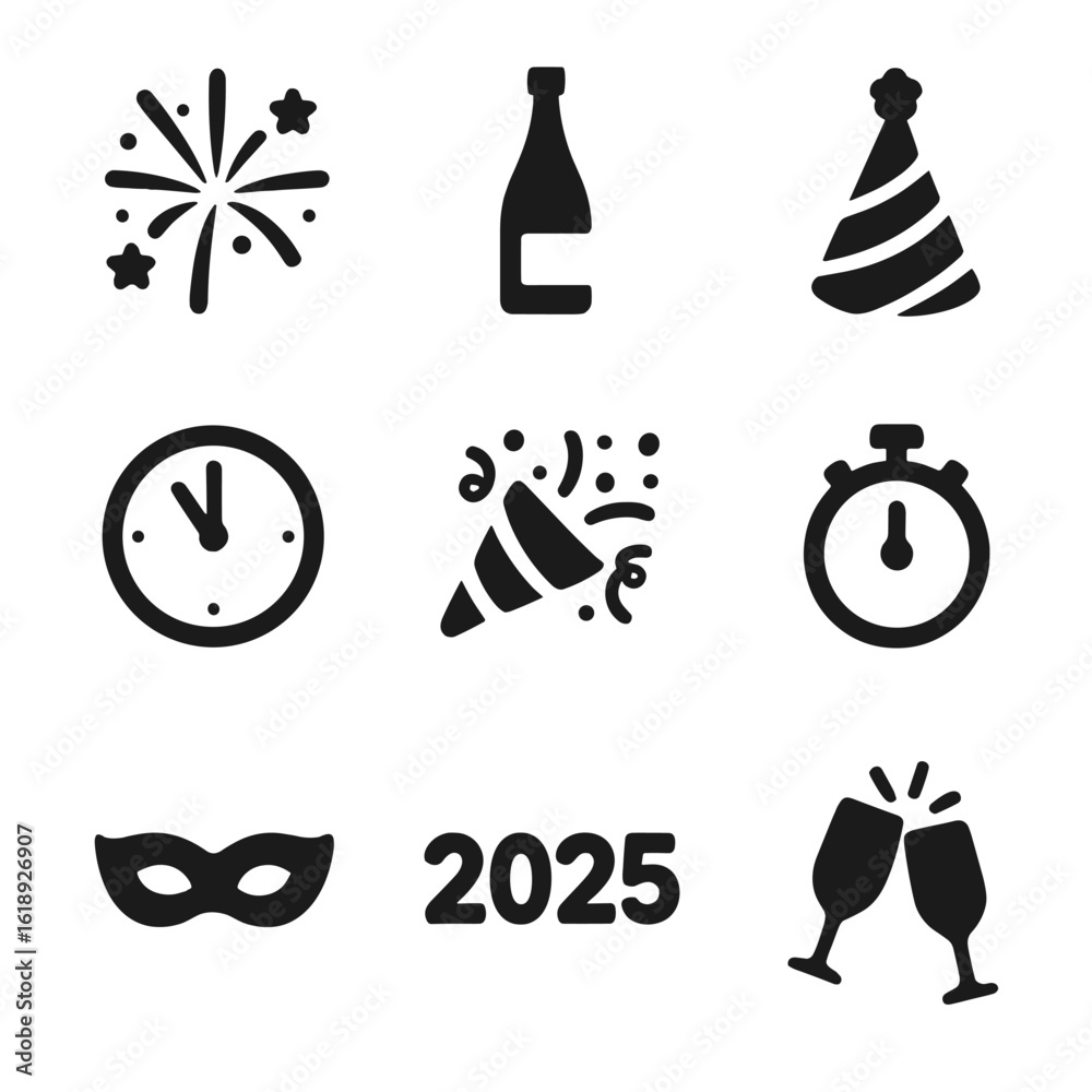 Fototapeta premium New Year's Icons. Solid, filled icon set of surf culture: surfboard, surfer silhouette, beach van, wave break, wetsuit, surf leash