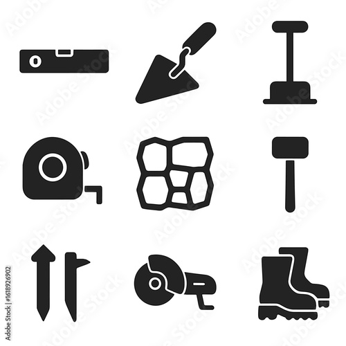 Garden Path Tools Icons. Solid, filled icons set of garden path construction tools: level tool, masonry trowel