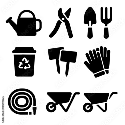 Garden Tools Icons. Solid, filled icons set of garden tools and accessories: watering can, pruning shears,