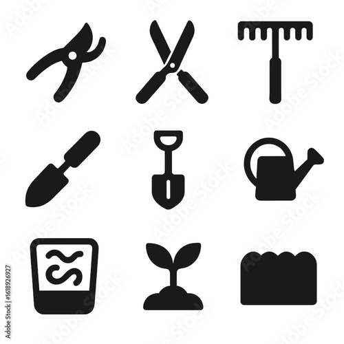Garden Tools Icons. Solid, filled icon set of garden trimming tools: pruners, shears, rake, trowel, shovel, watering can, compost,