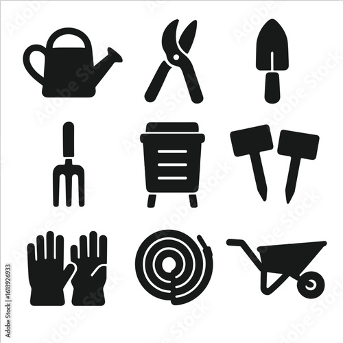 Garden Tools Icons. Solid, filled icons set of garden tools and accessories: watering can, pruning shears,
