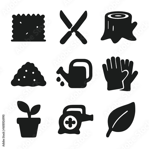 Gardening Tool Icons. Solid, filled icon set of professional pruning: hedge, shears, tree stump, mulch, soil, watering can, gloves