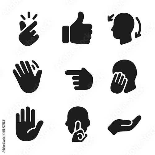 Gesture Icon Grid. Solid, filled icons set of gesture-based communication: finger snap, thumbs up, nodding