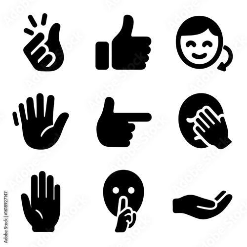 Gesture Icon Grid. Solid, filled icons set of gesture-based communication: finger snap, thumbs up, nodding