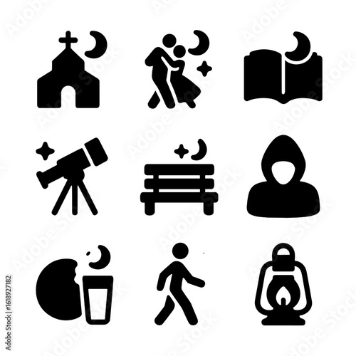 Nighttime Icon Set. Solid, filled icon set of nighttime event: midnight mass, moonlight dance, late night reading, star gazing,