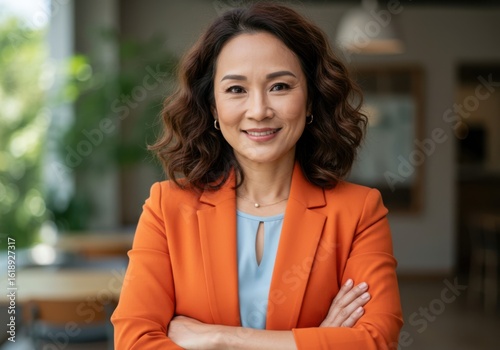 Confident professional woman with warm smile wearing bright orange blazer arms crossed looking directly ahead