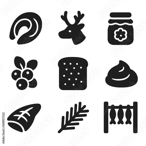 Nordic Cuisine Icons. Solid, Filled icon set of northern cuisine ingredients: smoked salmon, reindeer meat, cloudberry jam,