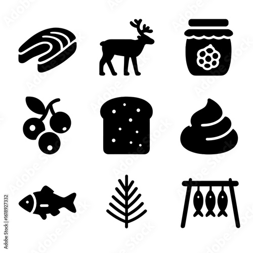 Nordic Cuisine Icons. Solid, Filled icon set of northern cuisine ingredients: smoked salmon, reindeer meat, cloudberry jam,