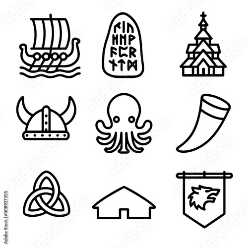 Nordic Symbols Grid. Outline icon set of Nordic cultural symbols: Viking ship, runic stone, stave church, longhouse silhouette,