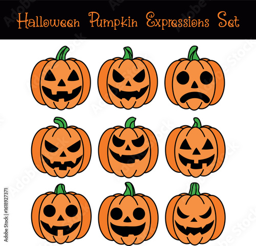 Set of nine different Halloween pumpkins faces, each with a unique carved expression ranging from happy to scary to sad.