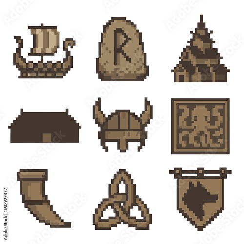 Nordic Icon Set. Pixel art icon set of Nordic cultural symbols: Viking ship, runic stone, stave church, longhouse silhouette,