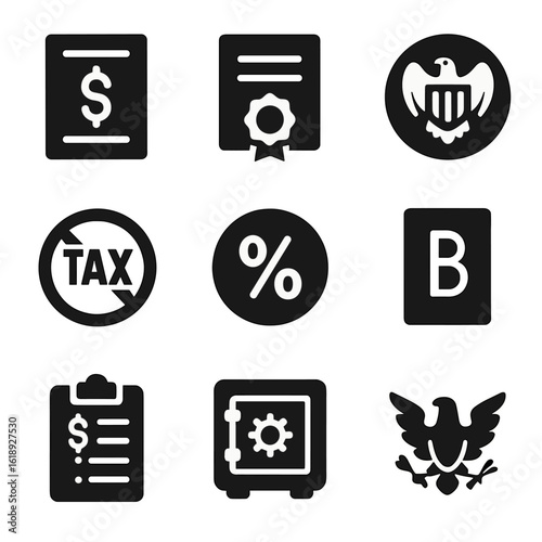 Government Bonds Icons. Solid, filled icons set of government bonds: treasury note, savings bond, government