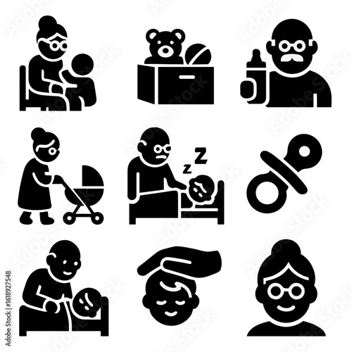 Grandparents' Babysitting Icons. Solid, filled icons set of grandparents helping with kids: babysitting icon,