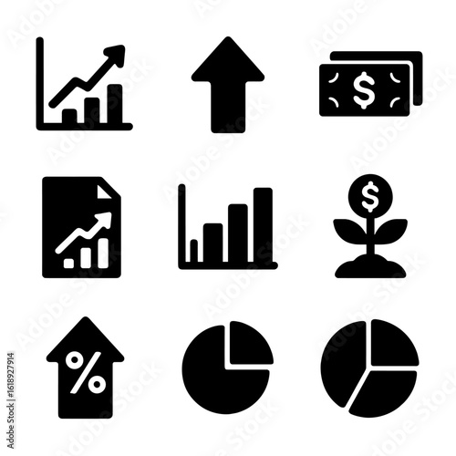 Growth Icons Grid. Solid, filled icon set of growth indicators: growth chart, upward arrow, money stack, financial report, bar